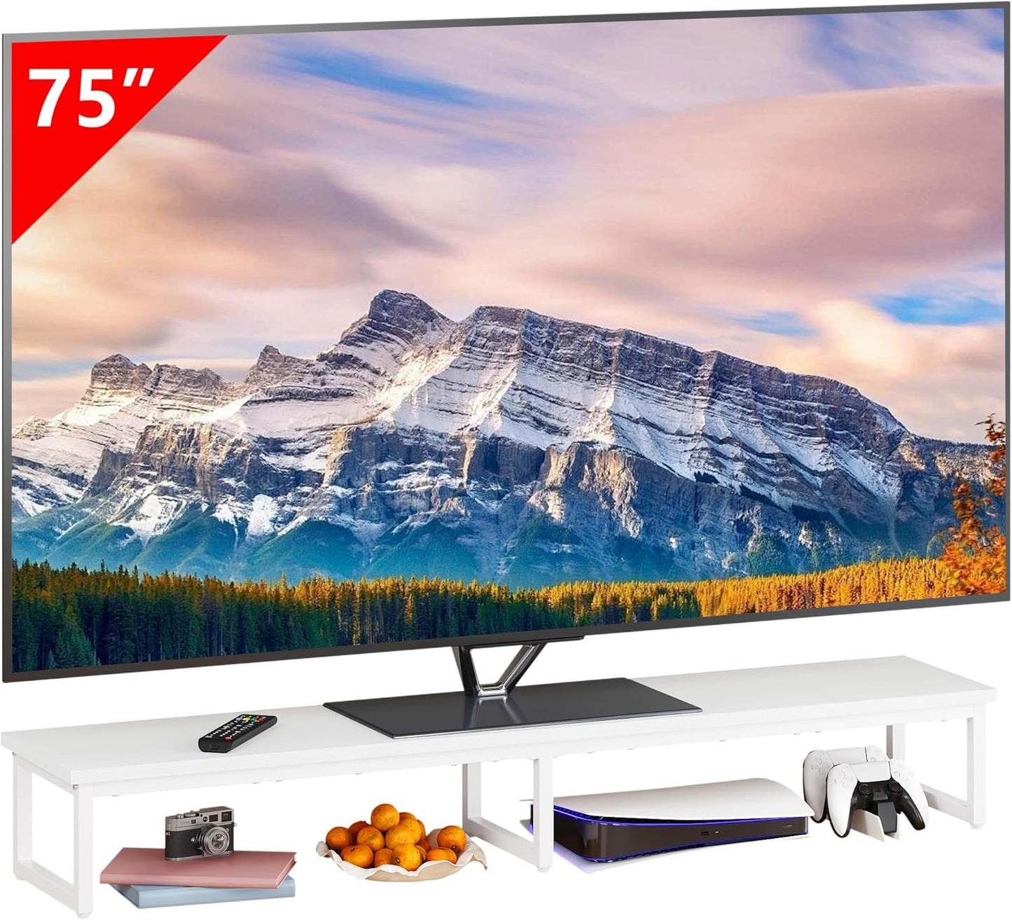 Clikuutory 59" Large TV Riser for 32-75 inch TVs, Tabletop Stand with Steel Legs, Storage & Dual - Screen Office Desk Function, Ideal for Home Office, Bedroom, Living Room, White