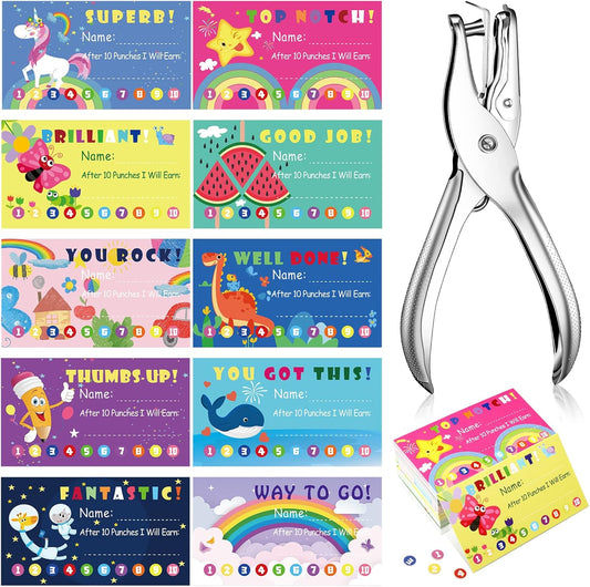 200 Pcs Behavior Punch Cards with Hole Puncher for Kids Incentive Reward Chart Loyalty Card for Classroom Student Teacher Business Kid Award Behavior 3.5 x 2 Inch, 10 Styles(Bright Style)