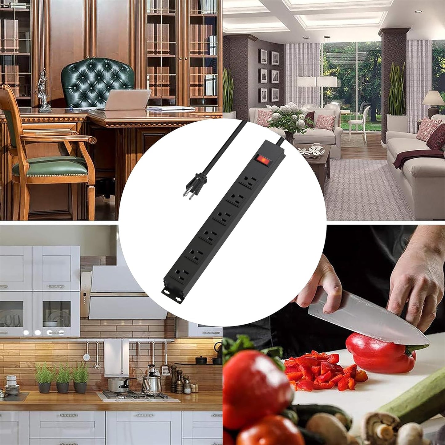 Power Strip with 6AC Outlets Wide Spaced and 14AWG Power Cord,Wall Mount Outlet Power Strip Heavy Duty for Commercial, Industrial, School and Home with Switch,15A 125V 1875W,Black (12FT)