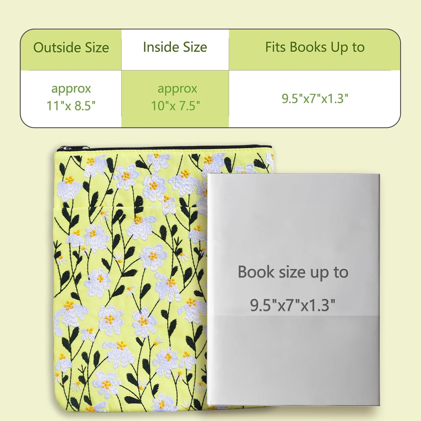 LParkin Daisy Flower Embroidery Book Sleeve with Zipper for Readers Protector Cover Gift for Book Lovers, 11x 8.5 Inch Washable Fabric, Daisy White(White)