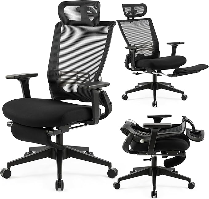 Foldable Office Chair with Foot Rest, Ergonomic Office Chair with Adjustable Lumbar Support, Headrest, Armrest, Home Office Desk Chairs for Space Saving, Work from Home, Black