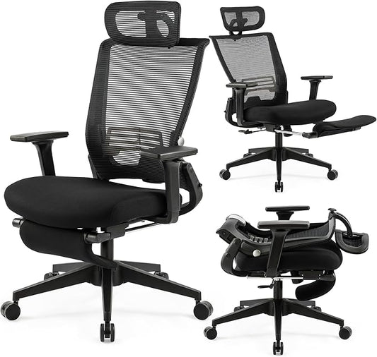 Foldable Office Chair with Foot Rest, Ergonomic Office Chair with Adjustable Lumbar Support, Headrest, Armrest, Home Office Desk Chairs for Space Saving, Work from Home, Black