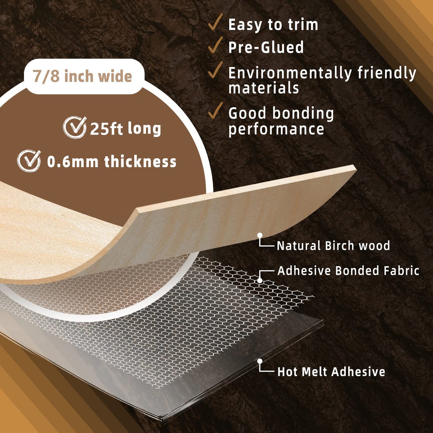 GSCIT Club Birch Edge Banding, 7/8 inch x 25ft roll of Veneer Edge Banding - Pre-glued Flexible, Real Wood Tape for Cabinet Repair & Furniture Restoration