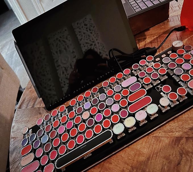 Basaltech Typewriter Style with White LED Backlight,Vintage Mechanical Gaming Keyboards with Lipstick Round Keycaps, Blue Switches 104-Keys Wired Keyboard Metal Panel for Laptop/pc