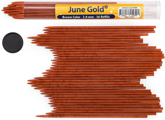 June Gold 36 Brown (Bronze #134) Colored 2.0 mm Lead Refills, Bold Thickness for Heavy Use, Break Resistant with a Convenient Dispenser