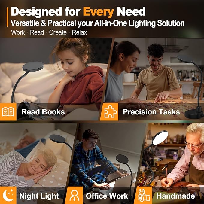 15W LED Desk Lamp with USB Charging Ports – Dimmable Table Lamp with 3 Color Temps, 5 Brightness, 4 Timers, Flexible Gooseneck Light with Base, Eye-Caring Reading Light for Home Office, Bedroom, Study