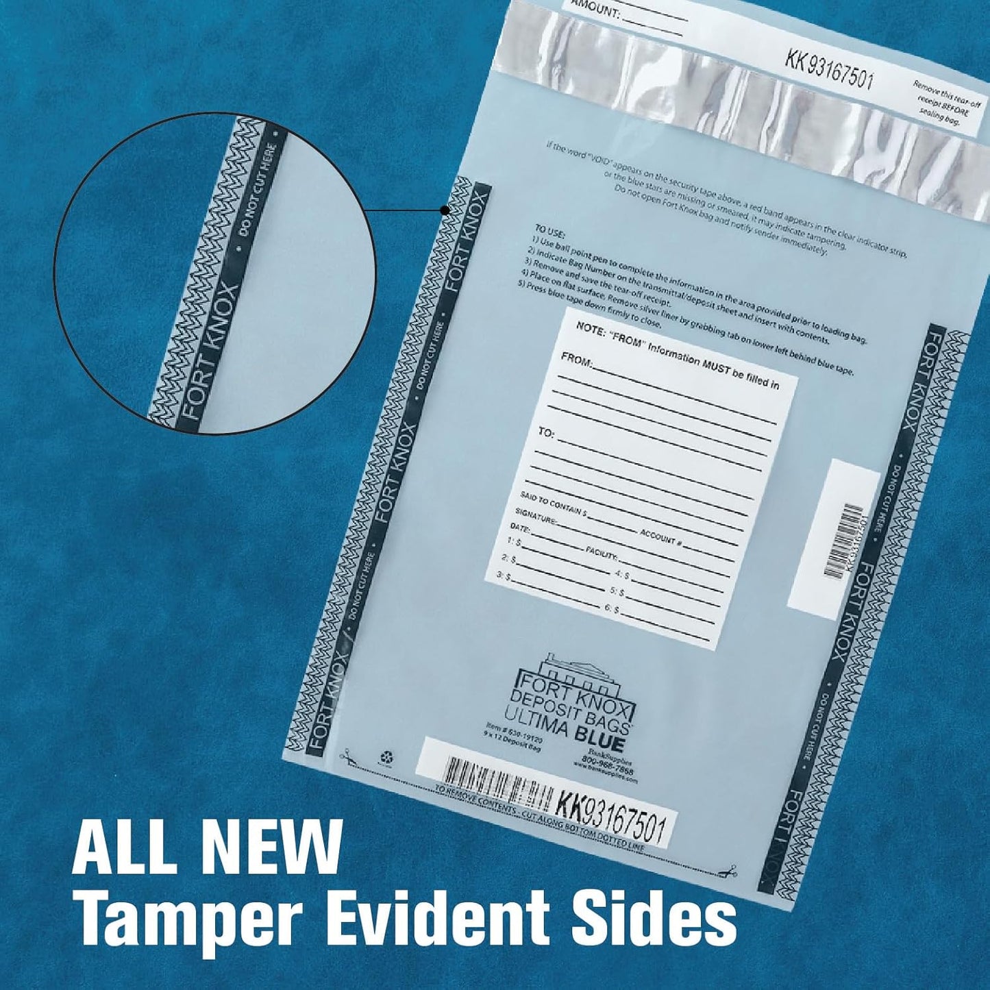 BankSupplies Ultima Blue Tamper-Evident Clear Deposit Bags 9W x 12H Pack of 100 with Advanced Security Detection Features