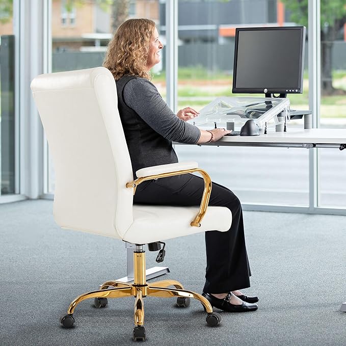 Office Desk Chair,Modern Leather Conference Room Chairs,High Back Home ofiice Chair,Adjustable Height Swivel Executive Computer Chair with Padded Seat and Armrest (White with Gold Frame)