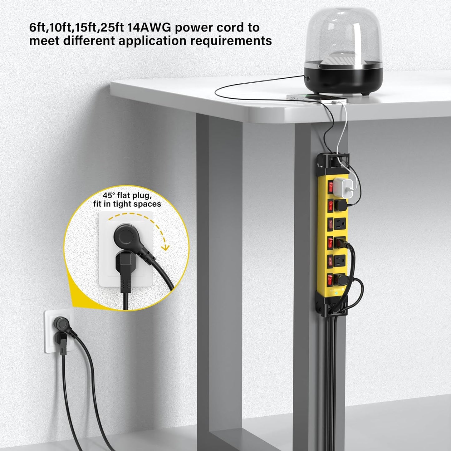 Heavy Duty Power Strip - 6 Outlet Power Strip with 6 Individual Switches Cord Manager Surge Protector 1200J Home Office Garage Industrial Workshop