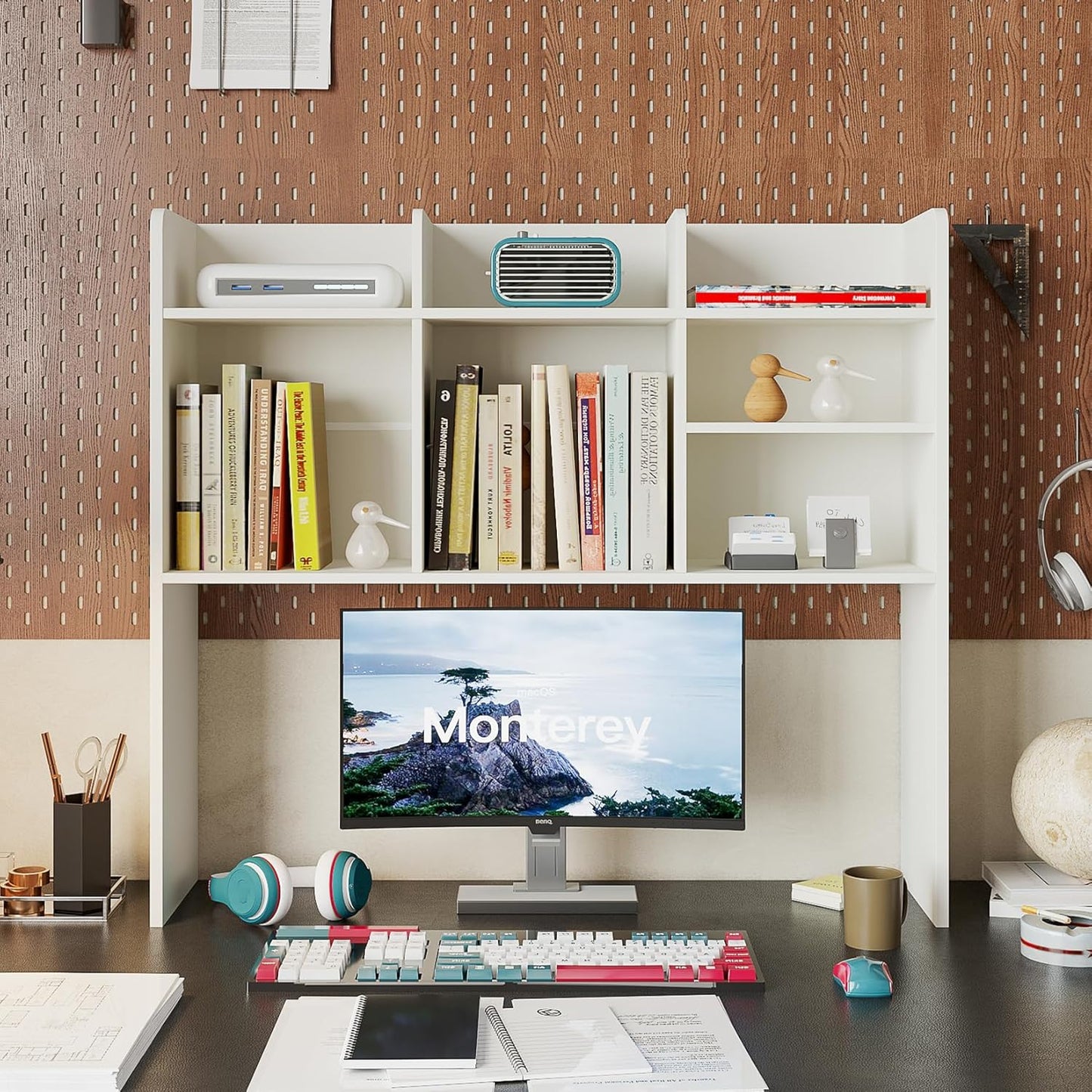 ChooChoo Desktop Bookshelf, Wood Desk Hutch Organizer with 7 Shelves for Computer Desk, Desktop Shelf Bookshelf Storage for College Dorm Office Home, White