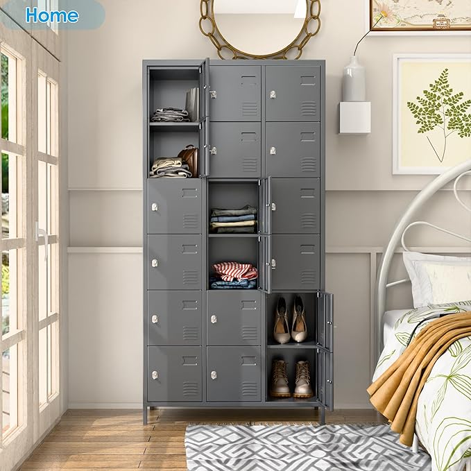 Metal Storage Locker with 18 Doors and Business Card Holder,Metal Lockers for Employees with Lock for School Garage Office Gym,Assembly Required,Dark Grey