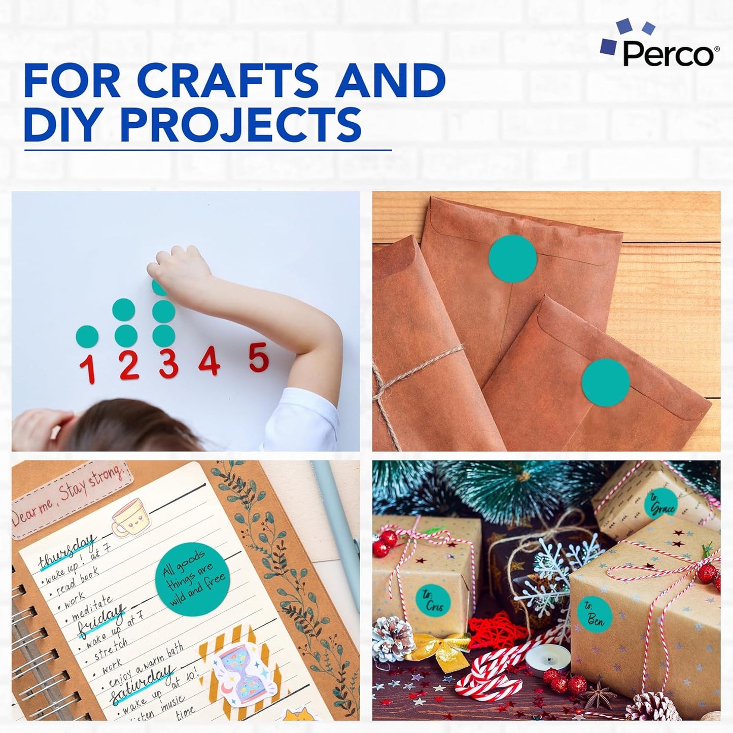 Perco Teal 2-Inch Round Circle Dot Sticker Labels - Multi-Roll Pack (3 Rolls, 500 Labels Each) - Permanent Adhesive, Vibrant Colors, Strong Hold - Perforated for Easy Use - Made in USA