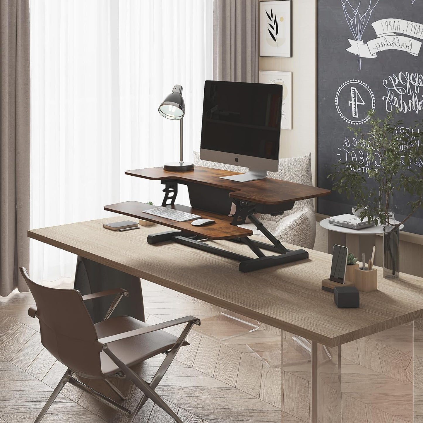 FLEXISPOT Electric Standing Desk Converter 40" Height Motorized Adjustable Stand up Desk Riser with Quick Release Keyboard Tray, Rustic Color