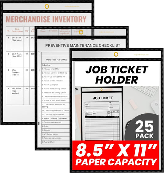 Office Werks Stitched Dry Erase Pocket, Portrait View Heavy Duty Reusable 8.5" X 11" Sleeves, Clear Both Sides with 1 Hole for Attaching to Machinery, File Cabinets and More, Black Trim (Pack of 25)