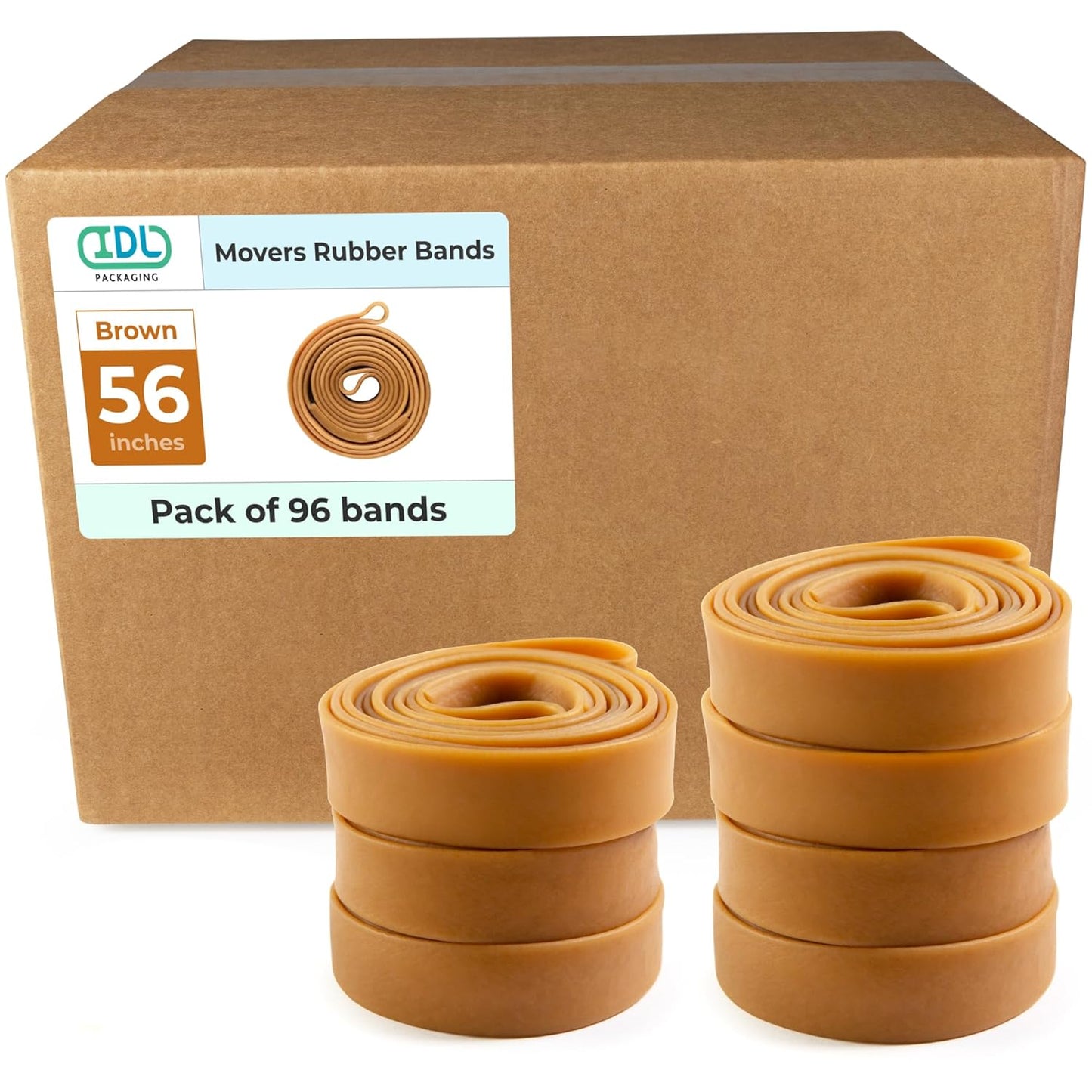 IDL Packaging 56" Strong, Elastic & Flexible Rubber Bands, Pack of 96, Beige - 2X Elasticity, 80% Natural Rubber - Extra Strong Mover Bands for Furniture, Boxes, Moving Blankets