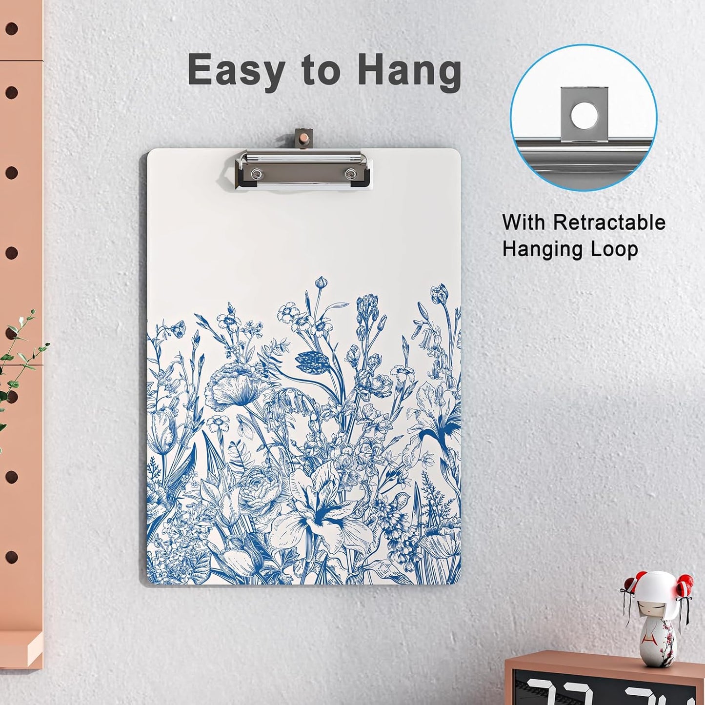 Clipboard Design Decorative Wood A4 Letter Size Clip Boards for Classroom Office, Standard Size 9" x 12.5" with Low Profile Metal Clip - Blue Flower