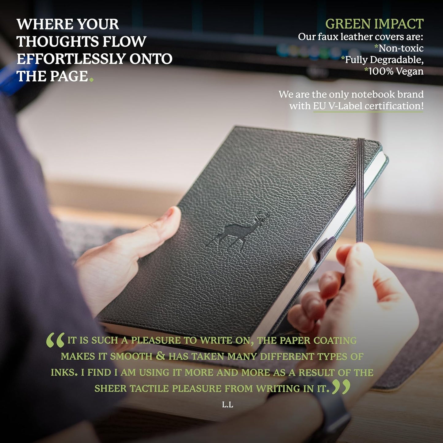 Dingbats A5 Wildlife Notebook Journal Hardcover, Cream 100gsm Ink-Proof Paper, 6.1 x 8.5 inches, 192 pages (Green Deer, Squared)