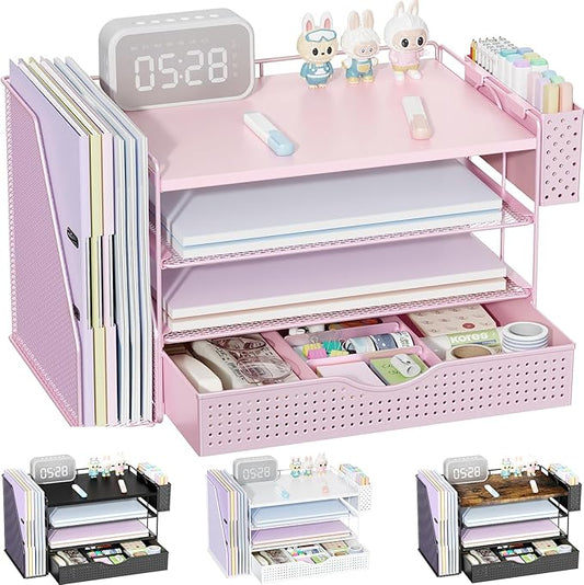 gianotter Wood Desk Organizers and Accessories with File Holder, 4-Tier Desk Accessories & Workspace Organizers with Drawer and Pen Holder, Paper Organizer for Office Supplies (Pink)