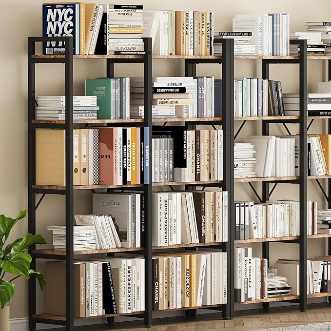 oneinmil 5 Tier Bookshelf Set of 2, 58.7'' Industrial Book Shelf, Wooden Bookshelves with 10 Open Display Shelves, Vintage Storage Rack, Standing Wide Bookcase for Home and Office, Rustic Brown