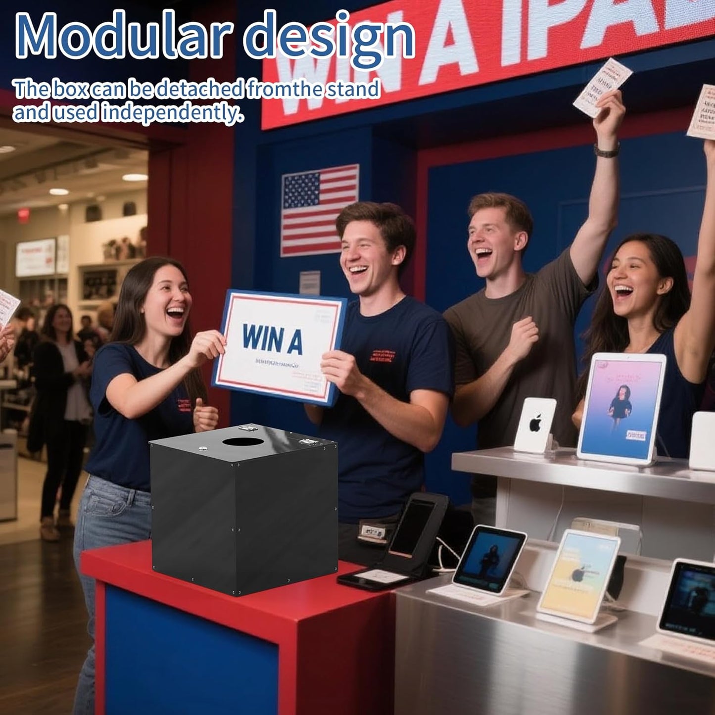 MOOFI Acrylic Suggestion Box with Lock and Key for Office, Home, Event Donation with Stand for Charity Church Collection Offering/Raffle Ballot Box with Sign Holder Display Stand (RaffleBox)