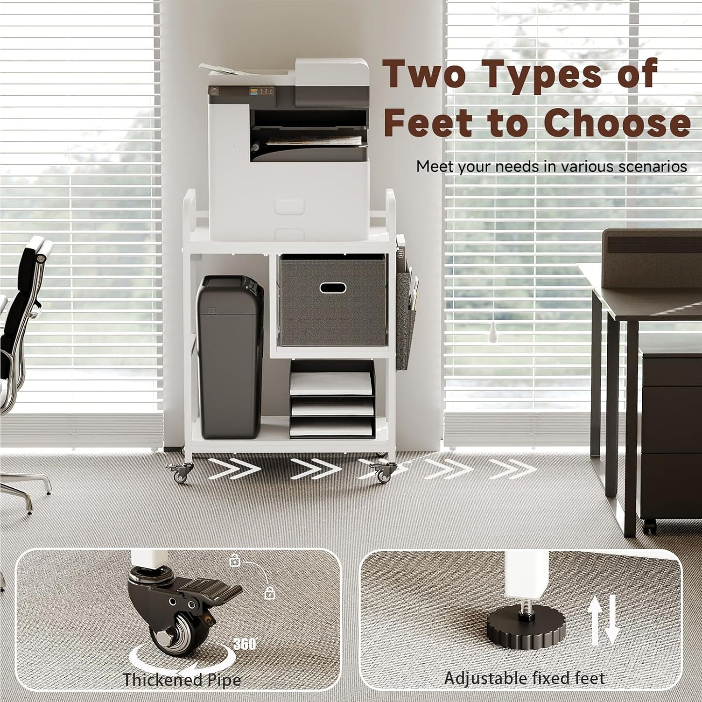 Large Printer Stand with Removable Storage Drawer, Mobile Printer Table with Charging Station and USB Ports for Home Office, Rolling Industrial Printer Cart with Wheels for Scanner Fax (White)