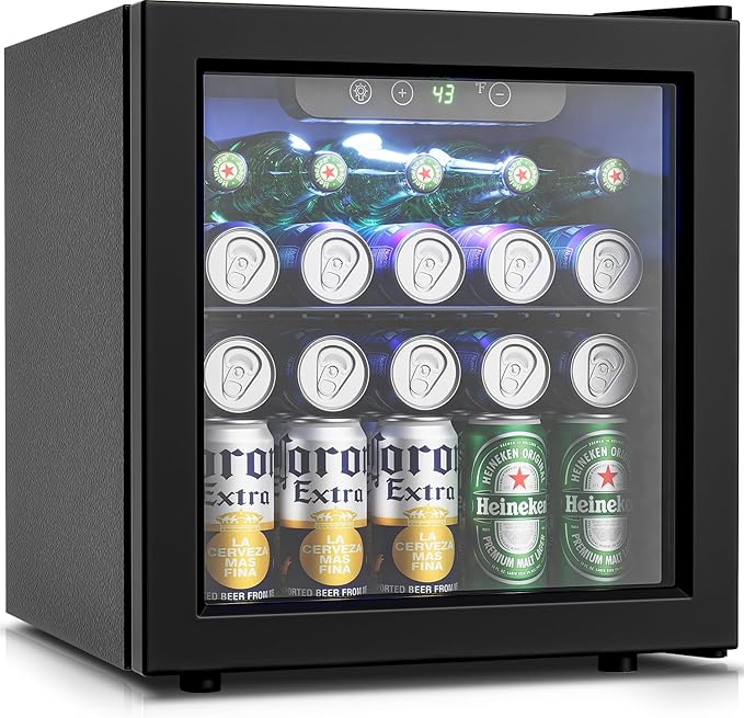 Beverage Refrigerator Cooler - 12 Bottle 50 Can Mini Fridge with Glass Door, Soda Wine Beer Drink Fridge - Small Refrigerator for Office Home Bedroom Dorm Bar, 1.3 Cu.Ft, Black