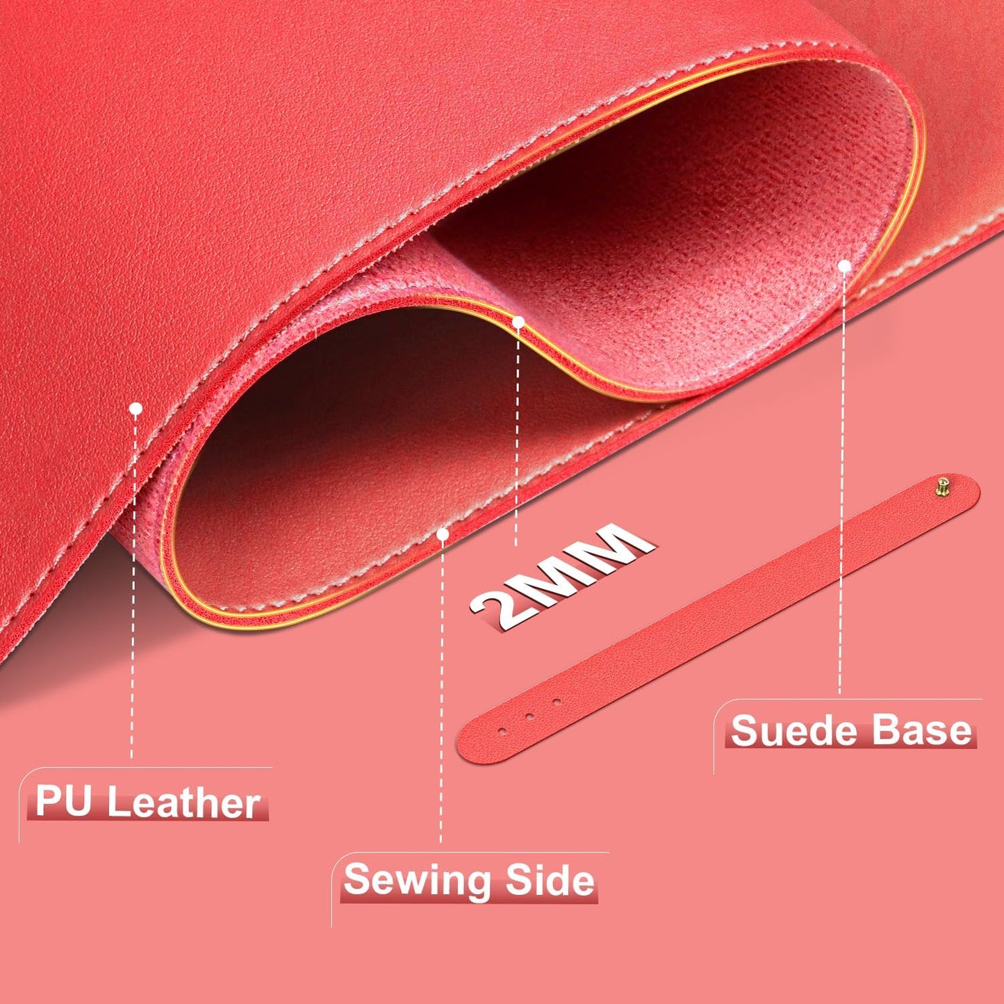 Leather Desk Pad Protector, 47.2'' x 23.6'', Suede Base Sewing Desk Blotter, Non-Slip Office Mat, Waterproof Writing Pad for Home and Office, Candy Red
