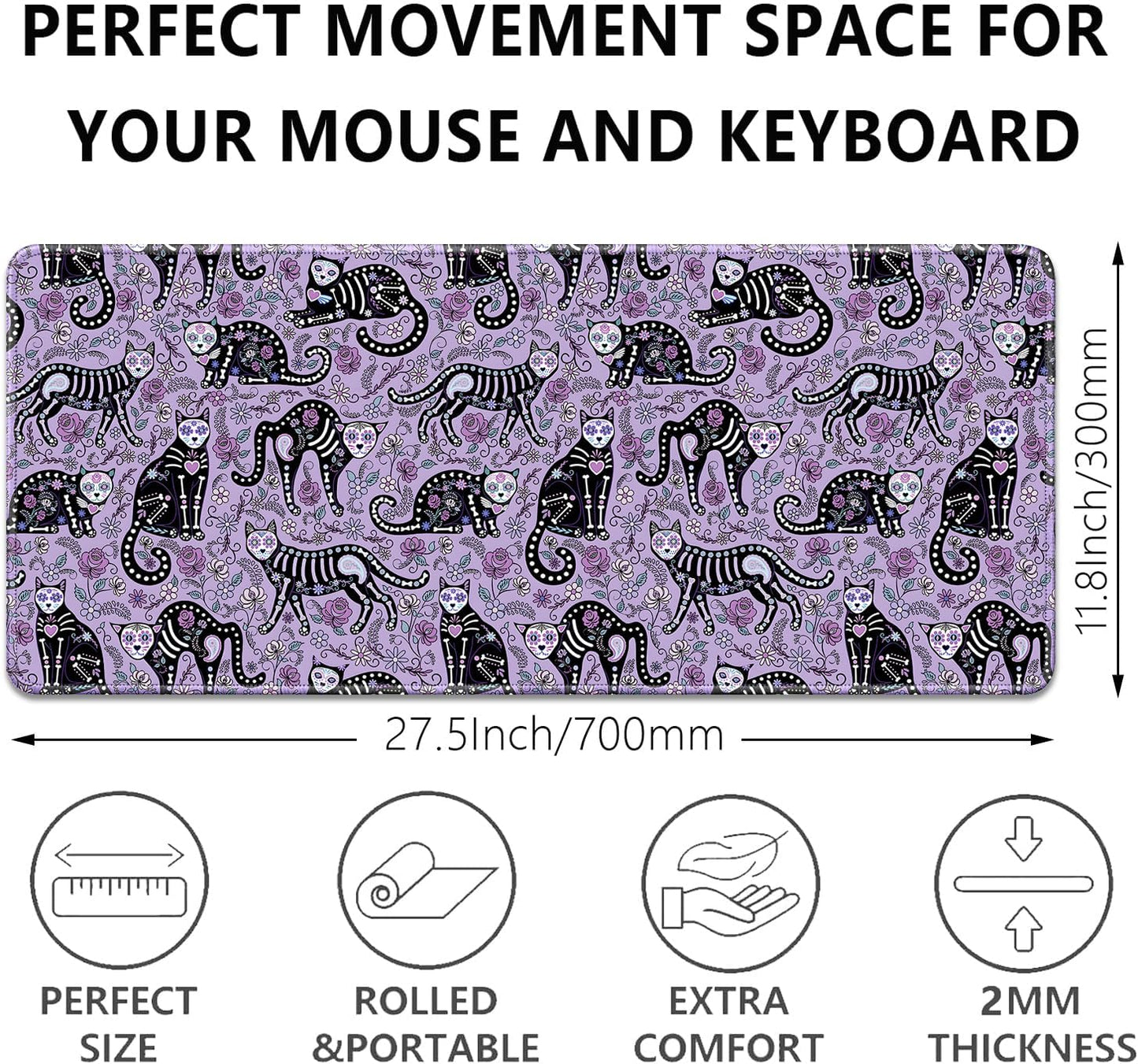 Gothic Cat Skeleton Flowers Mouse Pad,Extended Cat and Floral Mousepad Desk Pad with Stitched Edges,Non-Slip Waterproof Rubber Base Mouse Mat for Office Computer Keyboard Laptop Home(27.5x11.8 in)