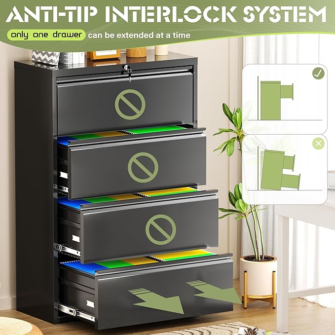 Incbruce 28" W 4 Drawer Lateral File Cabinet, Metal 4 Drawer Lateral Filing Cabinet with Lock, Steel Wide Filing Organization Storage Cabinet for Home, Office, Fit A4/F4/Letter/Legal File (Black)