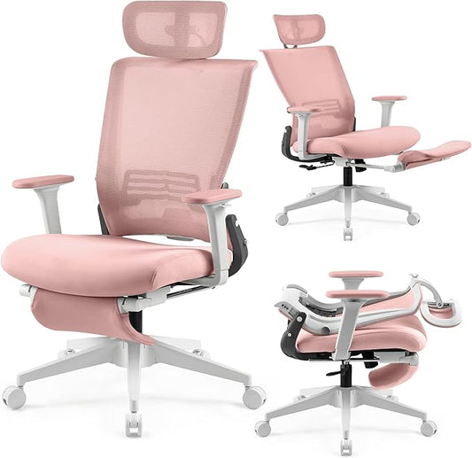 Foldable Office Chair with Foot Rest, Ergonomic Office Chair with Adjustable Lumbar Support, Headrest, Armrest, Home Office Desk Chair for Space Saving, Work from Home, Pink