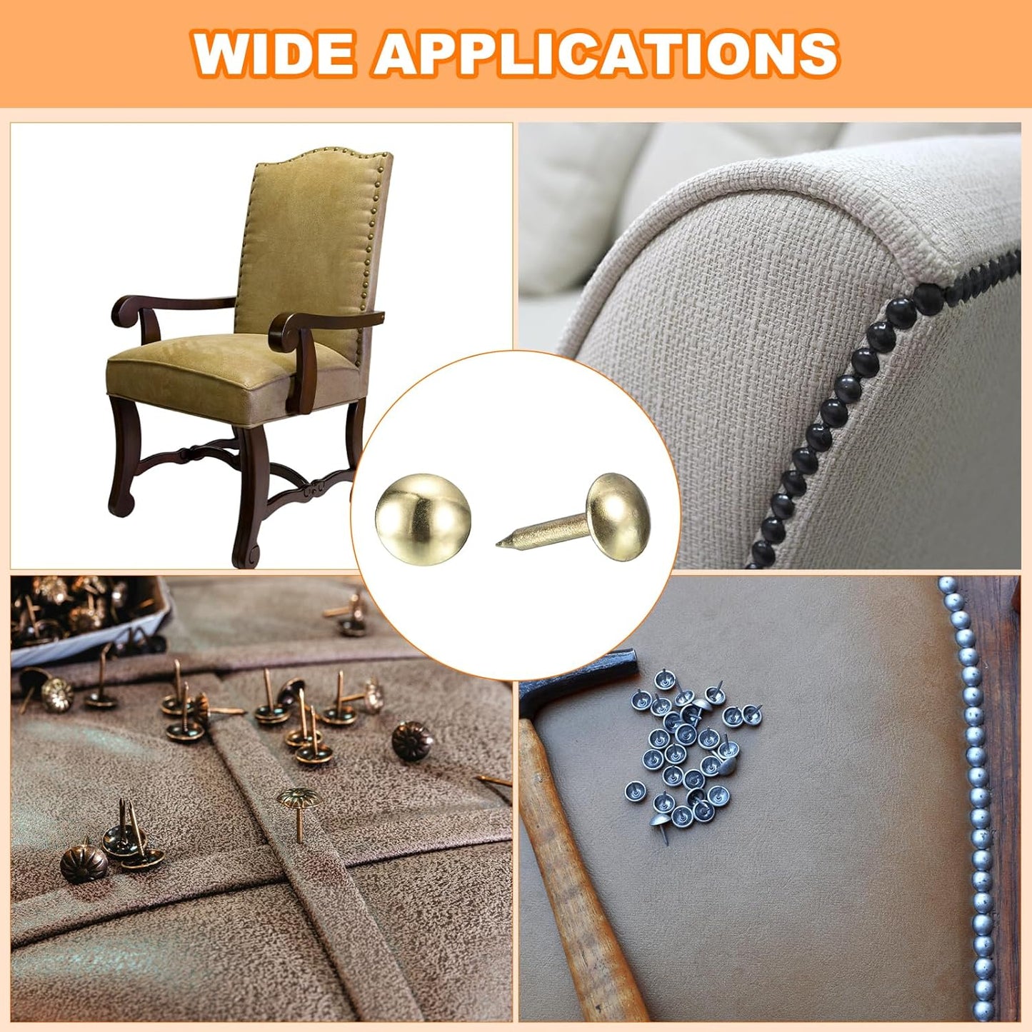 uxcell Upholstery Tacks Nail Pins Furniture, 500Pcs 6.4x13mm Thumb Tack Pins Assortment Kit Carbon Steel for Home Sofa DIY Decorative Nail Heads Nails, Gold