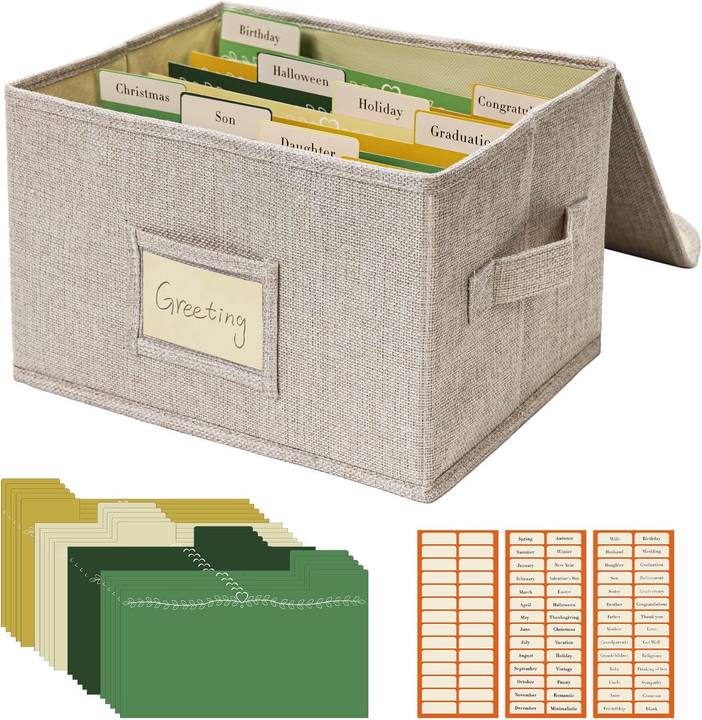 Vienrose Greeting Card Organizer Storage Box with 20 Removable Dividers, 84 Self-stick Labels, Perfect for Photos, Envelopes, Scrapbooking, Paper, Stickers Holder 1 Pack Beige