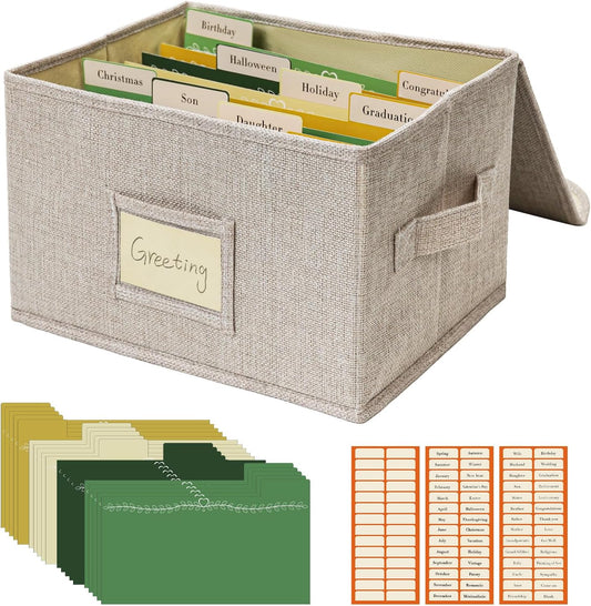Vienrose Greeting Card Organizer Storage Box with 20 Removable Dividers, 84 Self-stick Labels, Perfect for Photos, Envelopes, Scrapbooking, Paper, Stickers Holder 1 Pack Beige