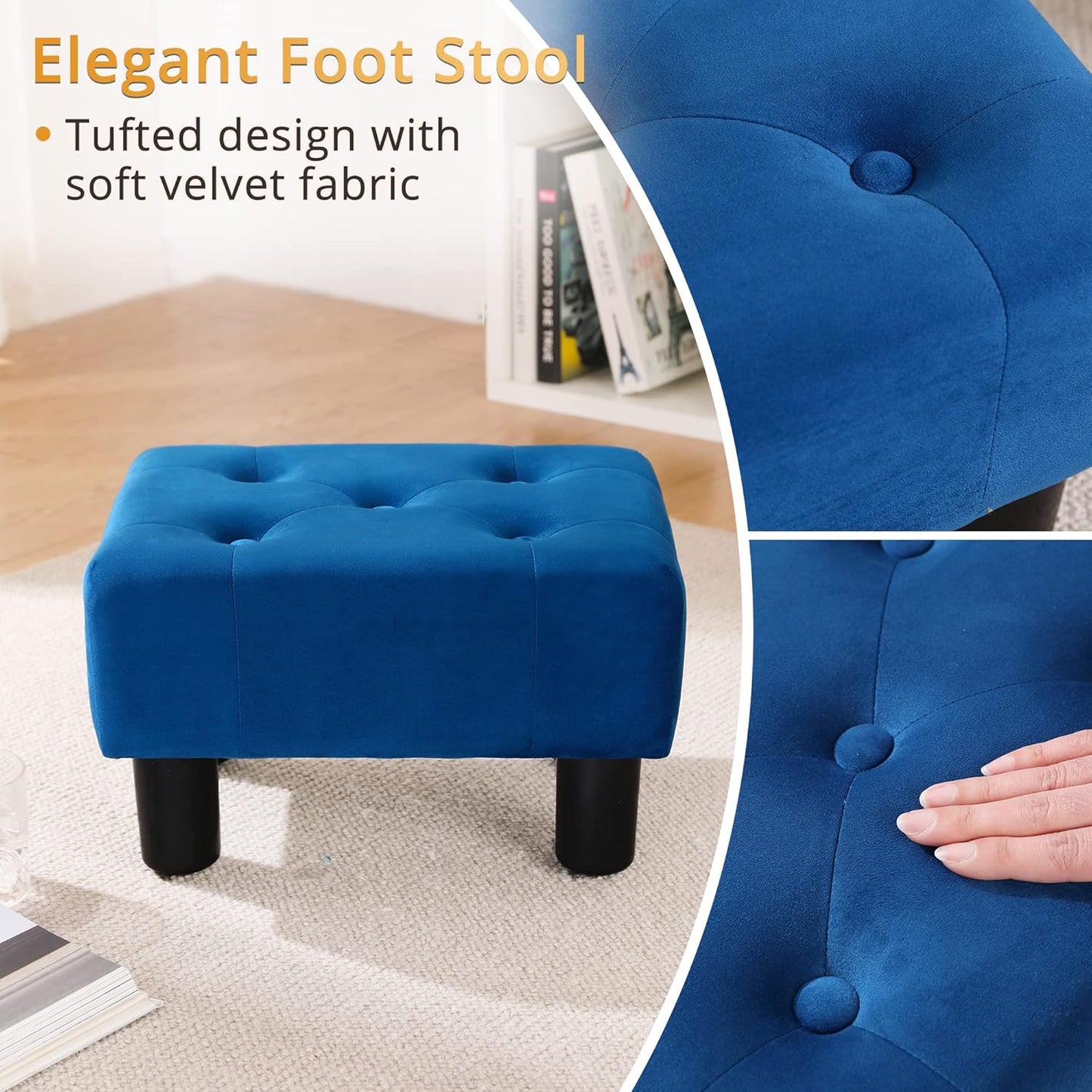 LUE BONA Small Tufted Foot Stool, Velvet Ottoman Elegant Foot Stools Ottoman with Plastic Legs, 9''H, Rectangle Footstool for Adult with Non-Slip Pads,Foot Rest for Living Room,Couch, Navy Blue