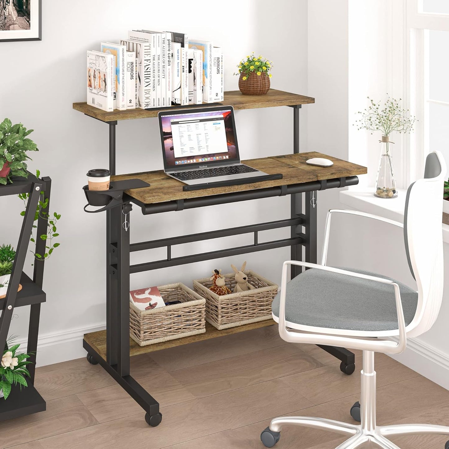 Mobile Standing Desk, Adjustable Rolling Computer Desk with 3 Desktops, Portable Laptop Table with Cup Holder, Home Office Laptop Workstation on Lockable Wheels, Black, Rustic Brown