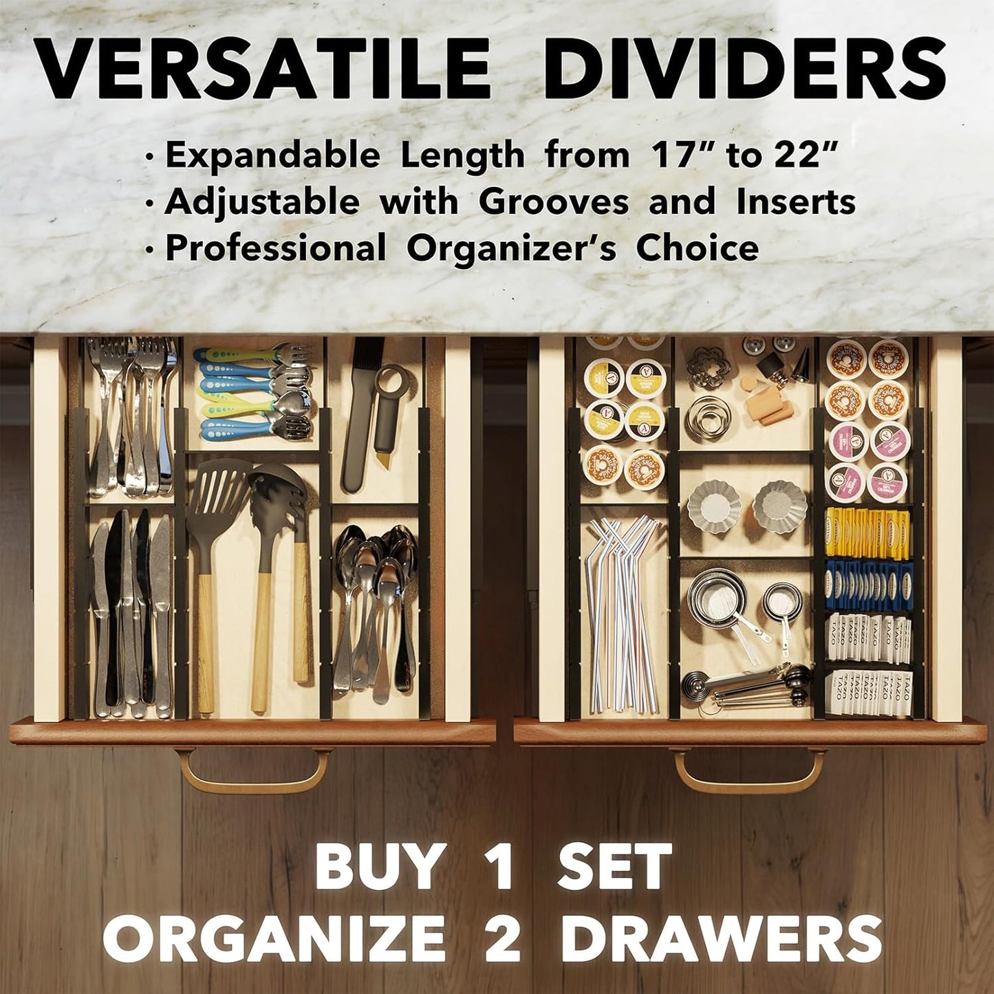SpaceAid Bamboo Drawer Dividers with Inserts and Labels, Kitchen Adjustable Drawer Organizers, Expandable Organization for Home, Office, Dressers, 10 Dividers with 24 Inserts (17"-22" Black)