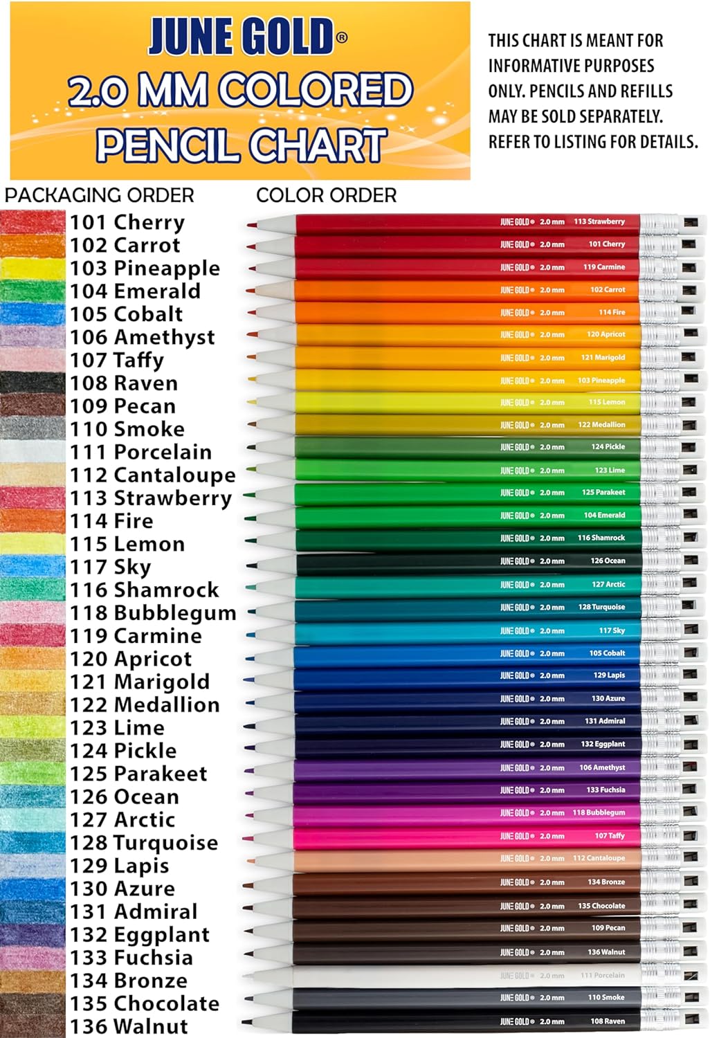 June Gold 36 Yellow (Marigold #121) Colored 2.0 mm Lead Refills, Bold Thickness for Heavy Use, Break Resistant with a Convenient Dispenser