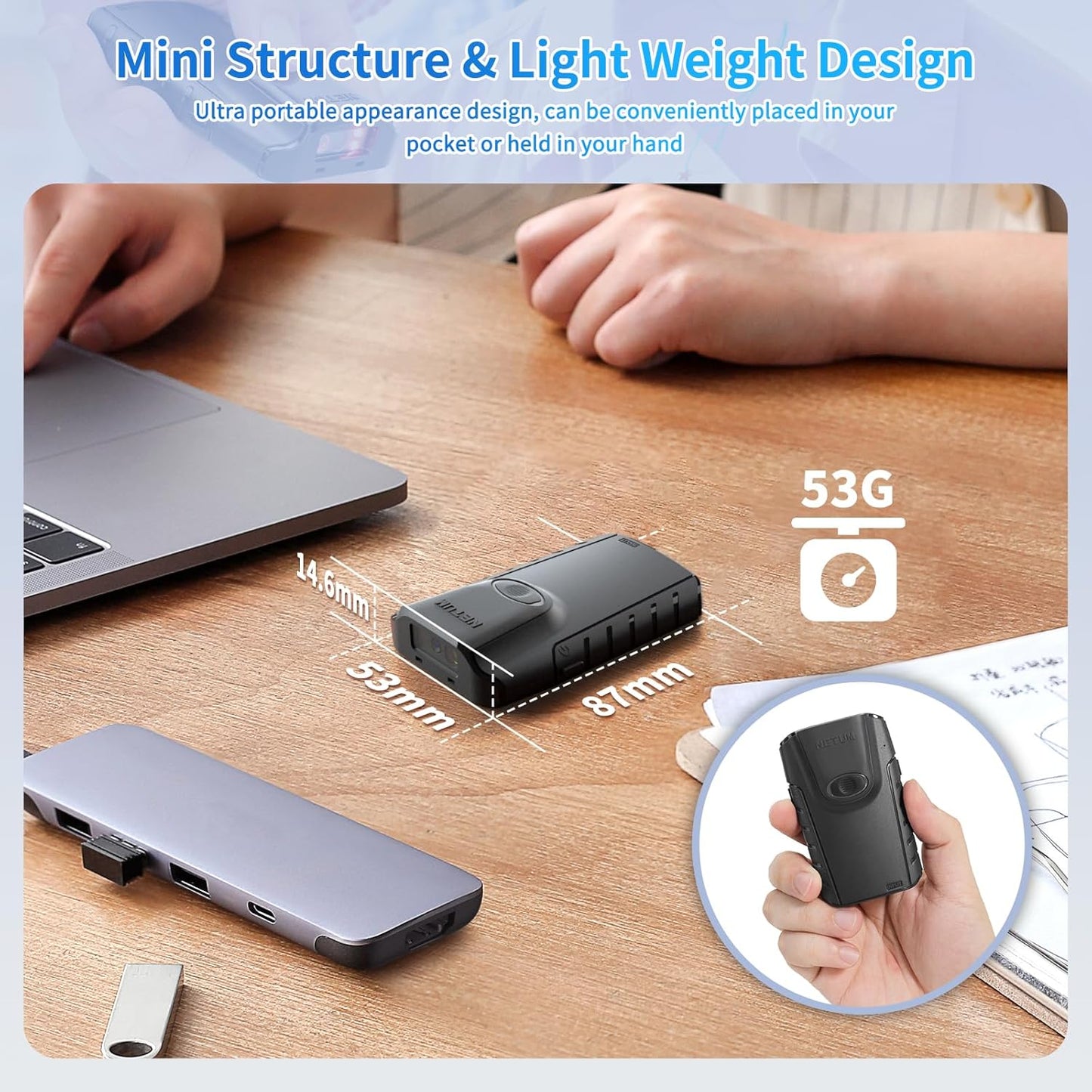 NETUM Bluetooth 2D Barcode Scanner, 3-in-1 Small Portable QR Bar Code Reader Automatic Wireless Gun Scan Back Clip Work with Tablet iOS Android Windows MacOS for Warehouse Inventory POS (2D - E800)