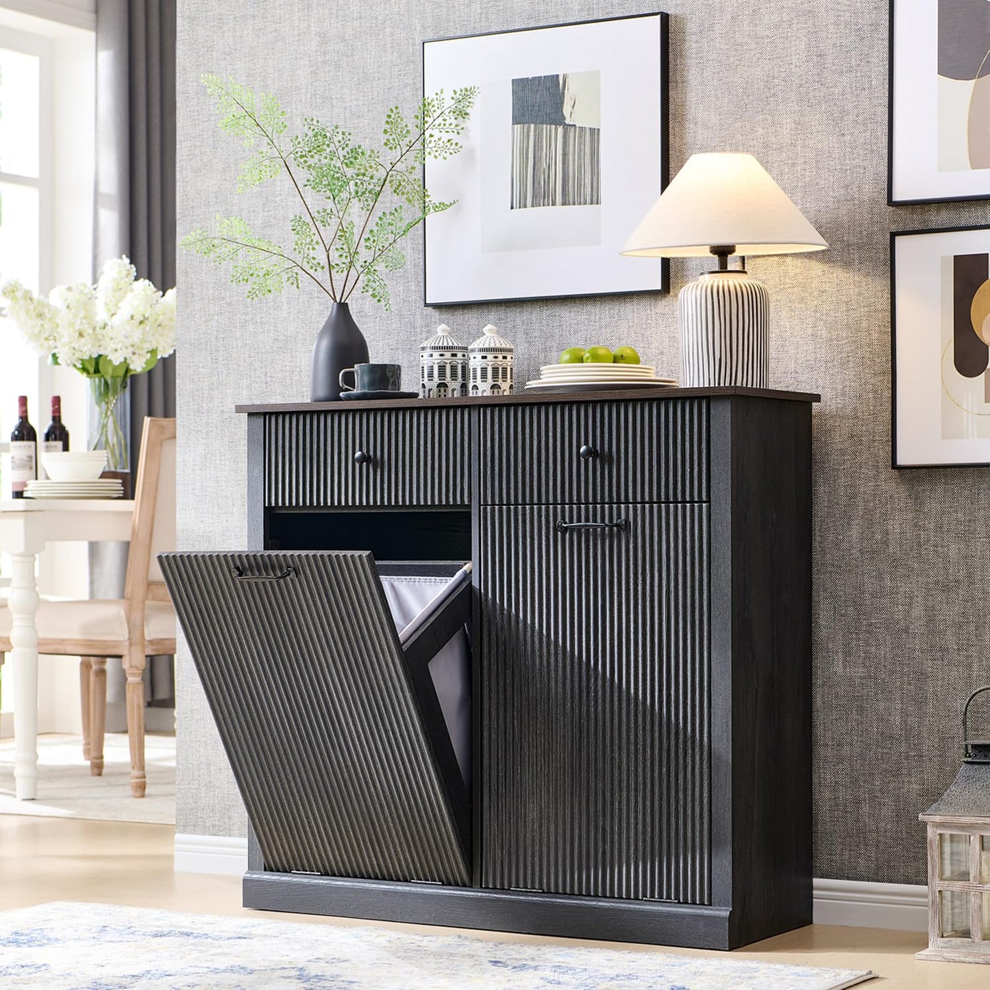 Modern Double Tilt-Out Trash Cabinet, 20 Gallon Fluted Laundry Hamper Cabinet with 2 Drawers, Wooden Hidden Garbage Can Cabinet with Storage Basket, Free Standing for Kitchen & Living Room, Grey