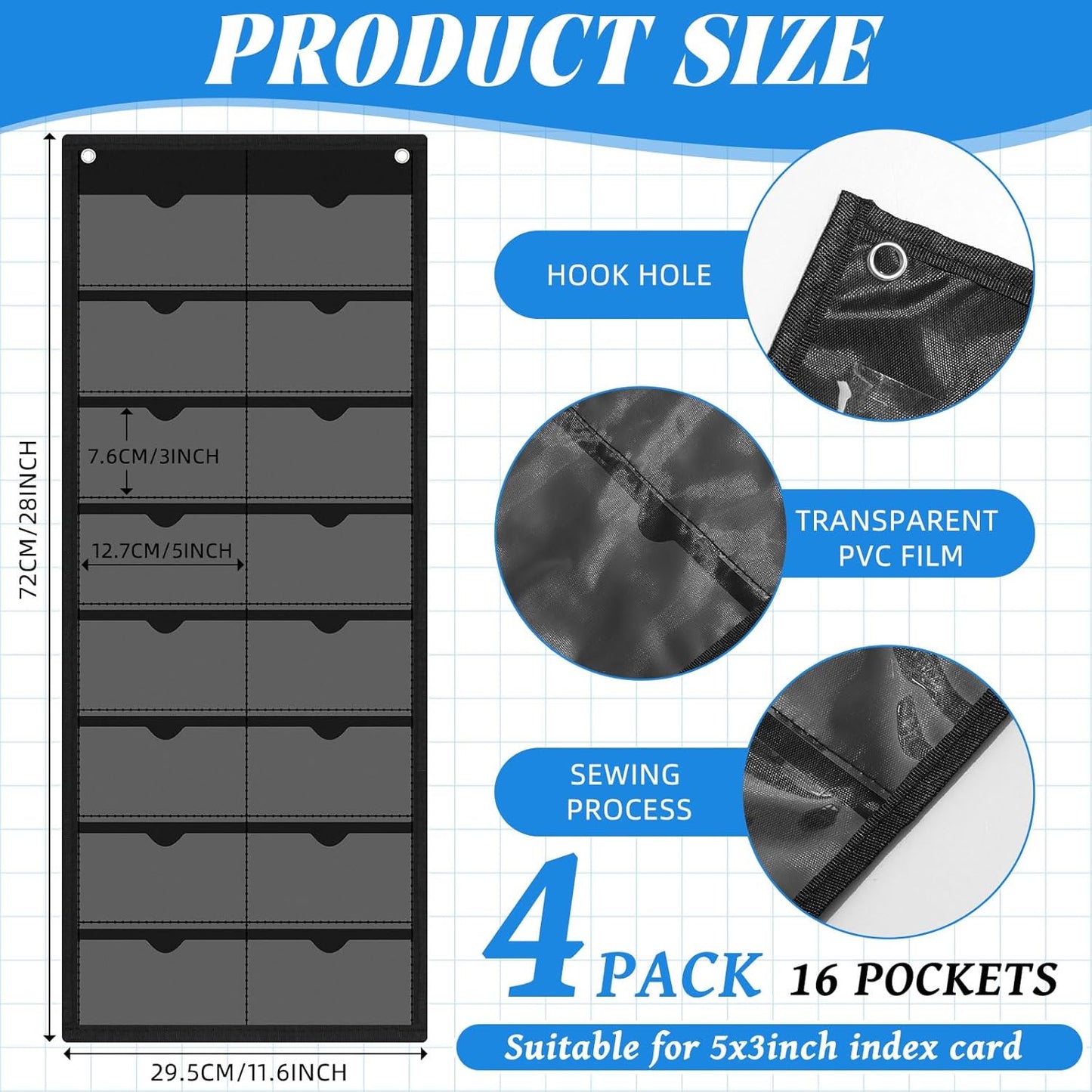 4 Pack 3'' x 5'' Index Card Holder Sleeve 16 Slot Plastic Organizer Hanging Wall Mount Business Note Cardholder PVC Clear Organizer Pocket for Classroom Office Library Home (Black)