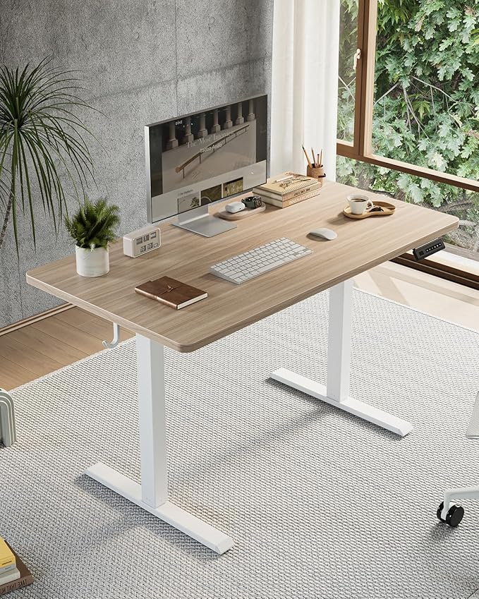 FEZIBO One-Piece Standing Desk Adjustable Height Stand up Home Office Desk, 32x24 Inch Electric Standing Computer Desk, with 4 Memory Presets, Fixable casters, Light Rustic