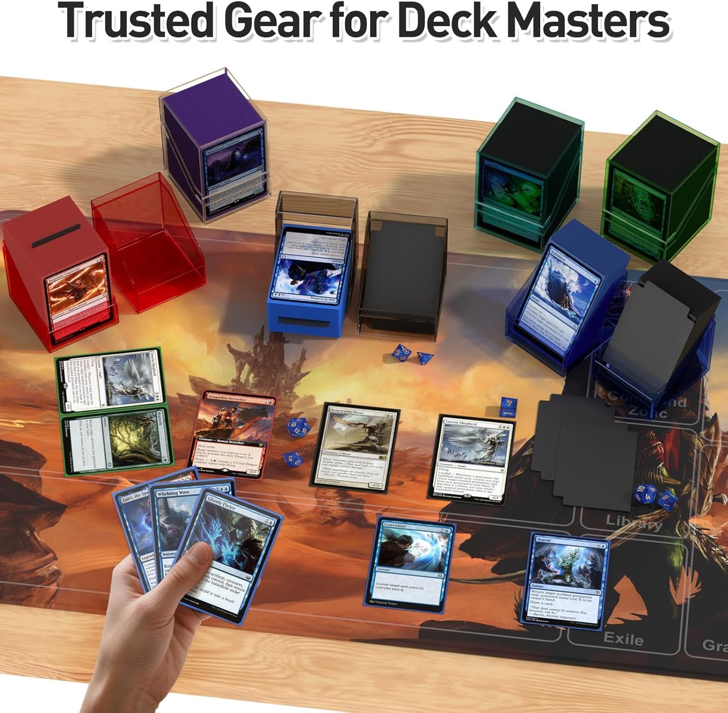 Mlikero Card Deck Cases, Acrylic Commander Deck Box Holding 100+ Sleeved Cards with Dividers, Clear Card Storage Box Fit for MTG, TCG, Sports Cards (Dark Blue)