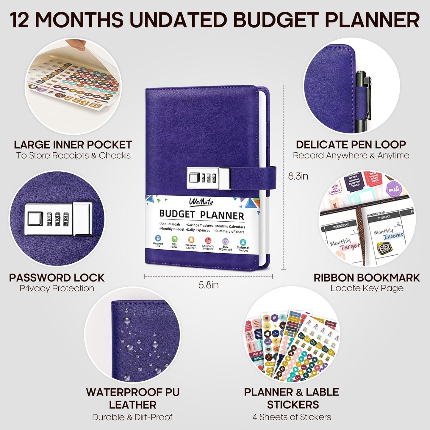 WEMATE Budget Planner 2025 with Lock, Monthly Budget Book with Expense Tracker Notebook, Undated Financial Planner to Manage Your Money, A5 Leather Account & Budget Book, Purple
