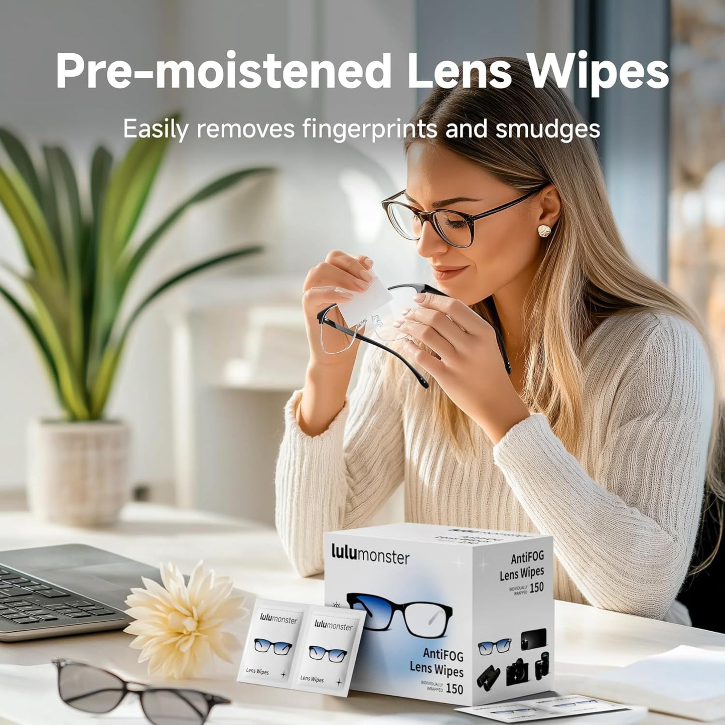 Anti Fog Lens Wipes for Eyeglasses, [150 Pre-Moistened Individually Wrapped Wipes] [Non-Scratching & Non-Streaking] Cleaner Wipes for Glasses, Sunglass