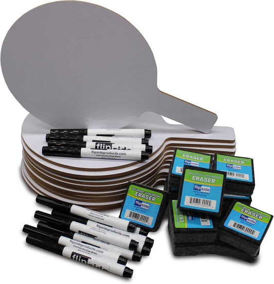 Flipside Products Oval Dry Erase Answer Paddles w/Black Dry Erase Marker and Erasers, Auction, Handheld Whiteboard, Handle Response Board, 36 Pieces, Set of 12