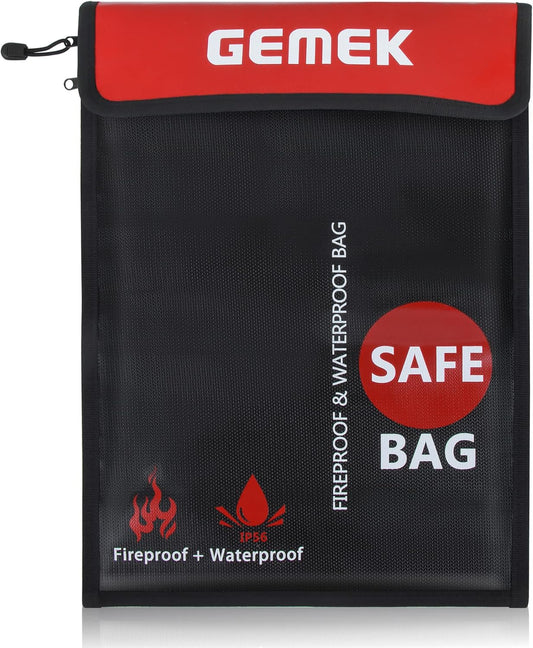 Fireproof Document Bag (2000℉) Upgraded 2 Pockets, GEMEK 15”x 11” Fireproof and Waterproof Money Bag Fireproof Safe Storage for Money, Documents, Jewelry and Passport (Black - 2 Zipper)