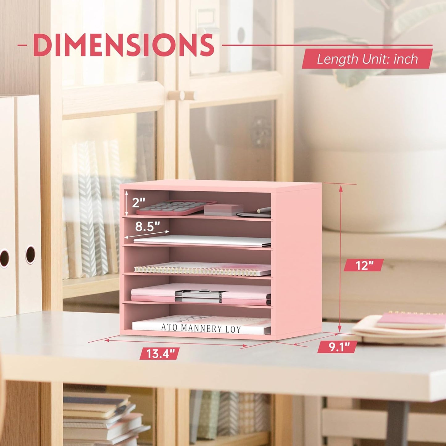 SUPEASY Wood Desk Organizer, 5 Tier Paper File Organizer for Desk, Wooden Desktop Organizer, Paper Letter Literature Mail Sorter, for Office School & Home Organization, Pink