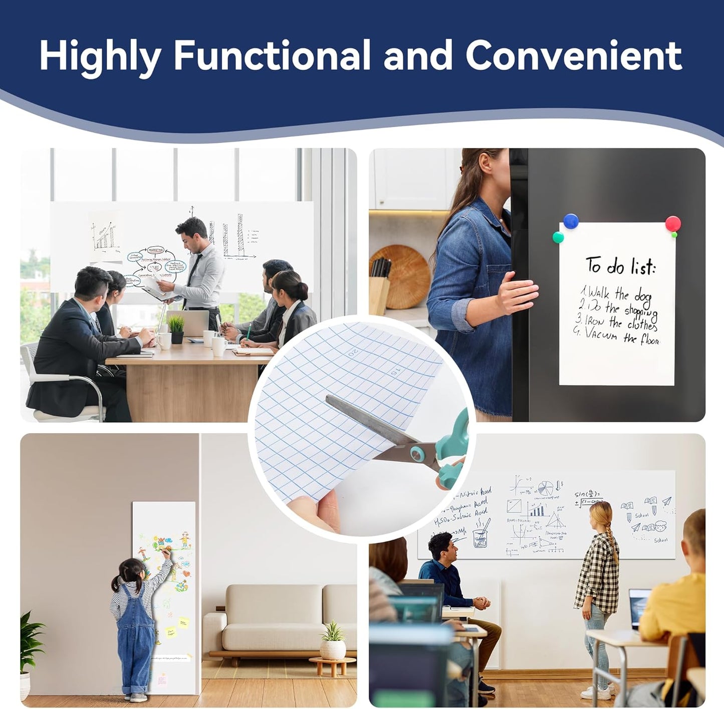 Vusign Whiteboard Sticker for Wall, 96" x 17.3" Dry Erase Board Wallpaper Peel and Stick，Self-Adhesive White Board for School, Office, Home, Kids Drawing with 3 Pen, 1 Cleaning Cloth