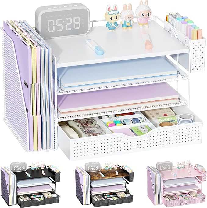 gianotter Wood Desk Organizers and Accessories with File Holder, 4-Tier Desk Accessories & Workspace Organizers with Drawer and Pen Holder, Paper Organizer for Office Supplies (White)