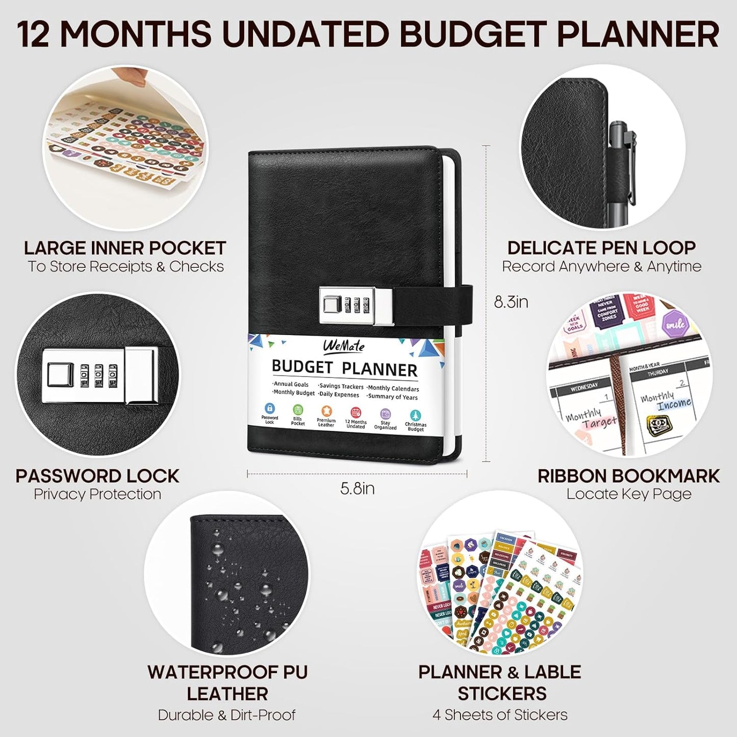 WEMATE Budget Planner 2025 with Lock, Monthly Budget Book with Expense Tracker Notebook, Undated Financial Planner to Manage Your Money, A5 Leather Account & Budget Book, Black